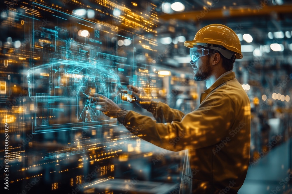 Poster very realistic and photographic photo of an engineer interacting with advanced holographic technolog