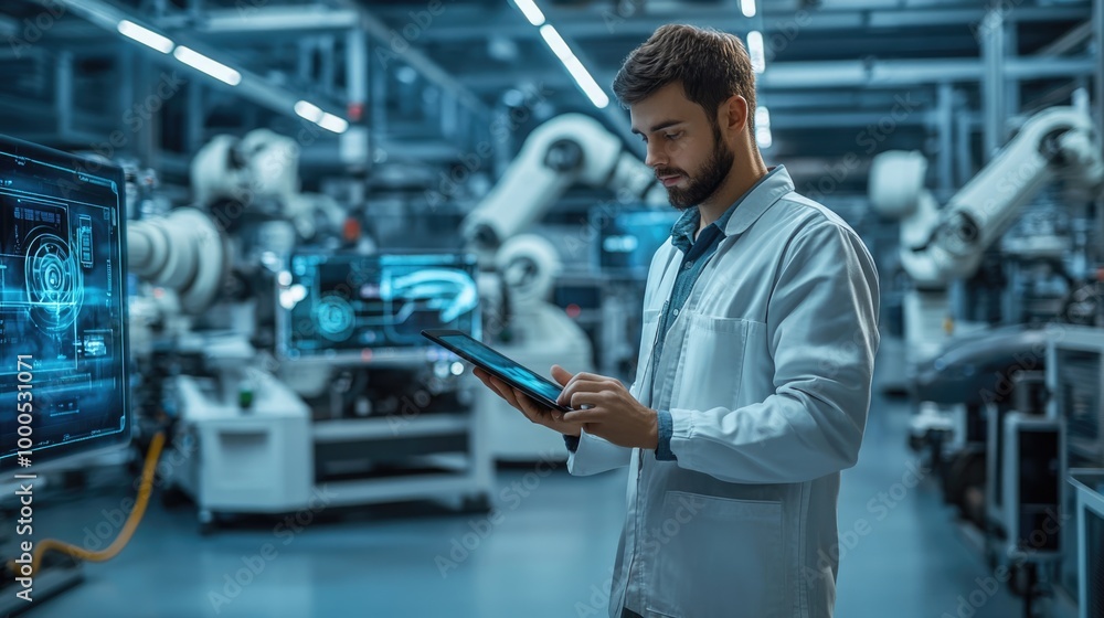 Poster engineer using a tablet in a high-tech electric vehicle factory, surrounded by futuristic holographi