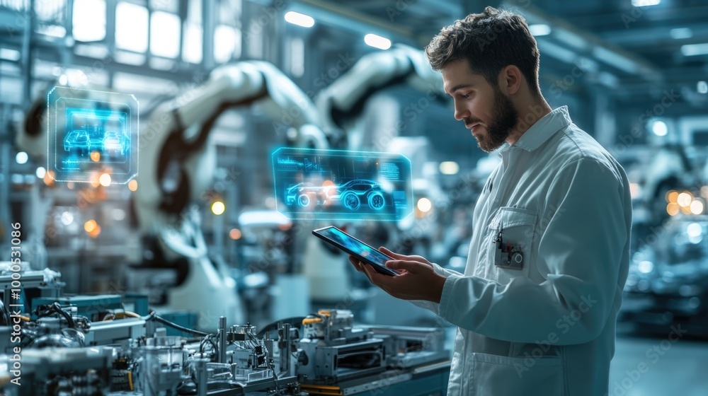 Poster engineer using a tablet in a high-tech electric vehicle factory, surrounded by futuristic holographi