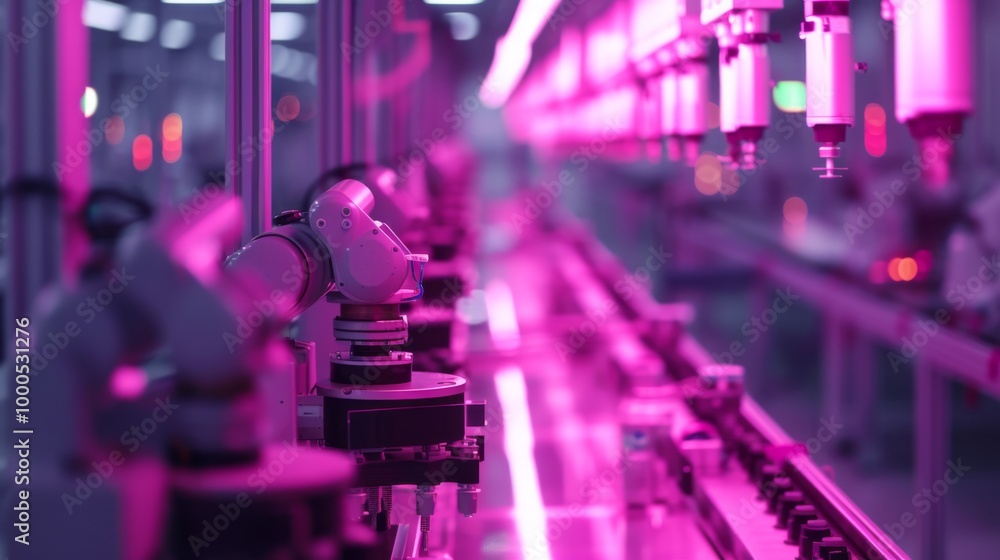 Poster a modern factory assembly line filled with robotic machinery, operating under bright pink lighting. 