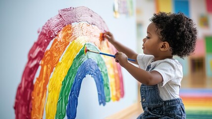 Little Artist Painting Rainbow on Wall with Paintbrush