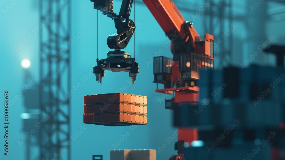 Poster a robotic arm in a modern warehouse carefully lifts a container in an industrial setting. soft light