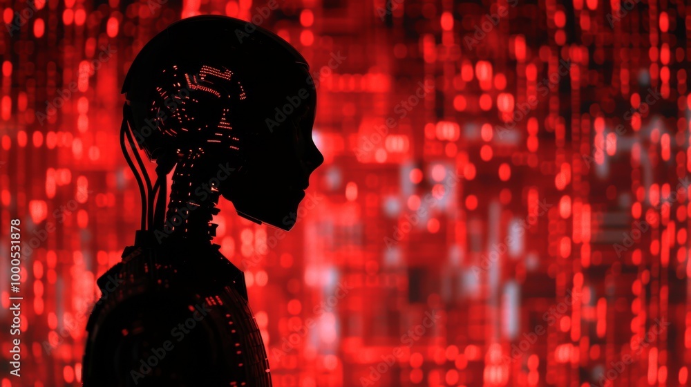 Poster a robotic silhouette stands out against a vivid red background filled with digital patterns and glow