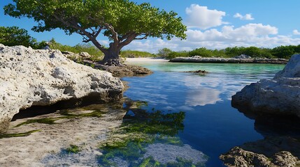 Tropical Lagoon with Clear Water  Lush Tree  and Rocky Shoreline