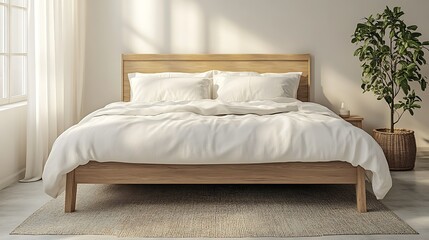 Cozy bedroom with a wooden bed and soft bedding.