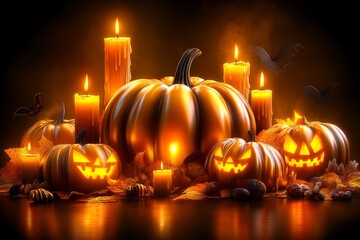 Naklejka premium Halloween scene with glowing jack o lanterns black candles and pumpkins arranged in a spooky display creating a warm eerie atmosphere with a festive holiday vibe