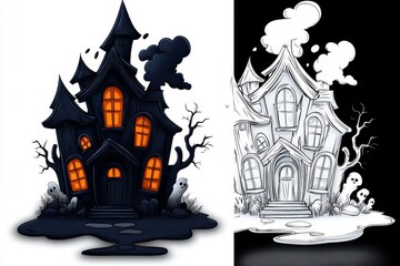 Minimalist haunted house outline, with spooky, crooked windows and a ghostly atmosphere
