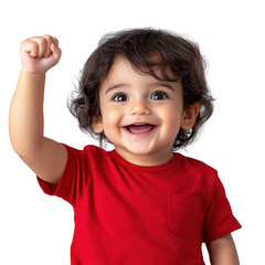 Young Toddler Raises Hand in Victory or Accomplishment - Red T-Shirt.