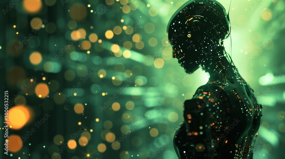 Poster close-up of a futuristic humanoid robot with glowing circuits, standing in a dark environment. the d