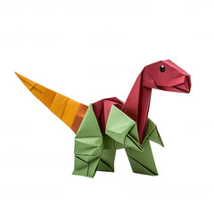 Whimsical Origami Dinosaur with Vibrant Orange Cone on Black Background.