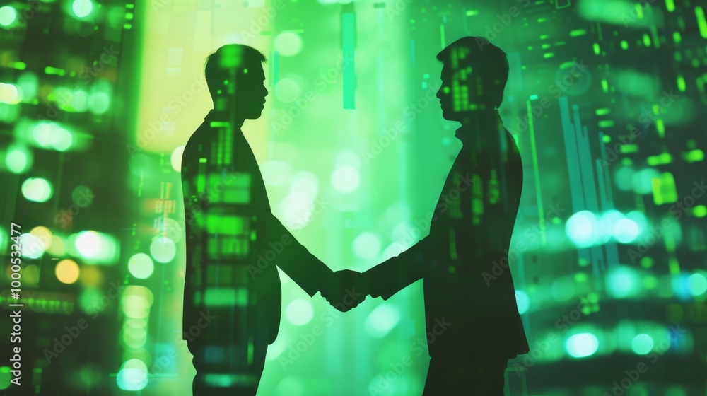 Poster silhouettes of two individuals shake hands against a digital green matrix of lights and data pattern