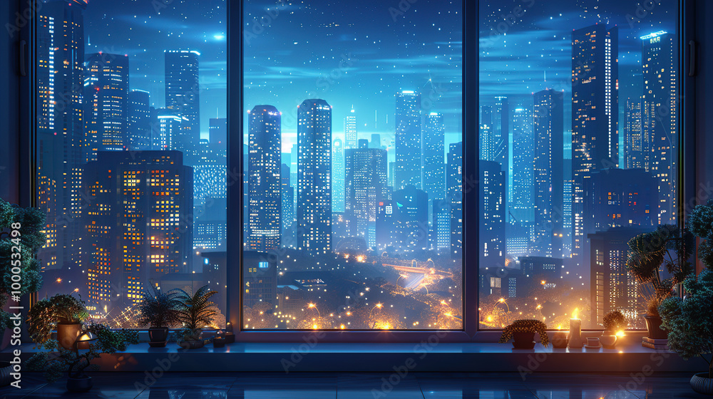 Sticker Looking out from the room's window, the cityscape features large, intricate buildings that are modern and beautiful, shining bright in the day and illuminated at night. High resolution Illustration,