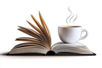 Naklejka premium Simple line drawing of a book and coffee cup, representing peaceful, focused reading time