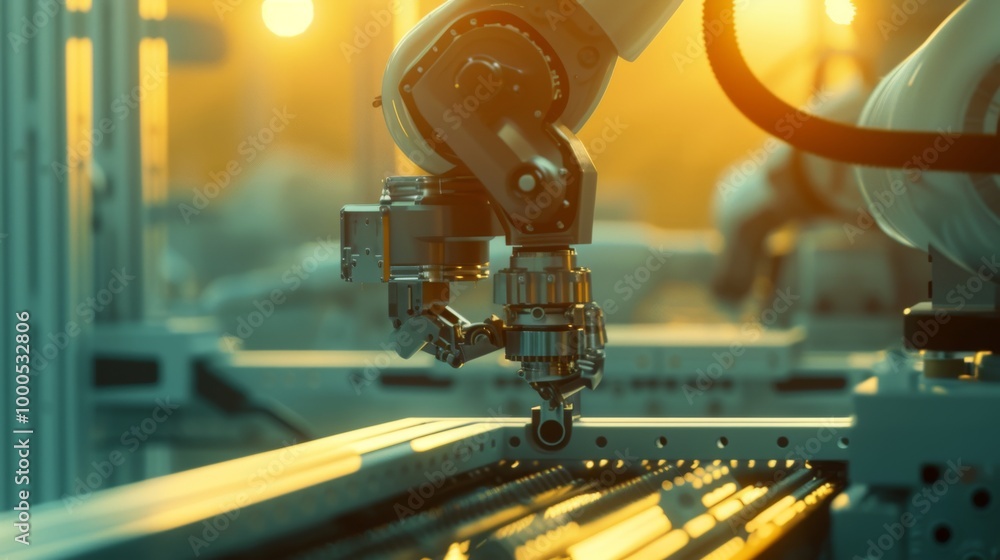 Poster A detailed view of a precision robotic arm in a state-of-the-art manufacturing plant. The soft lighting and background blur emphasize the sophistication of the automated process in this modern