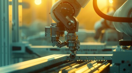A detailed view of a precision robotic arm in a state-of-the-art manufacturing plant. The soft lighting and background blur emphasize the sophistication of the automated process in this modern