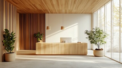 Modern Minimalist Reception Area with Wooden Features and Natural Light