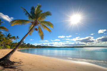 Sunny beach with palm trees under clear blue sky, calm waters and sandy shore, capturing the beauty of summer in an exotic tropical location with a lone coconut tree swaying in the breeze.