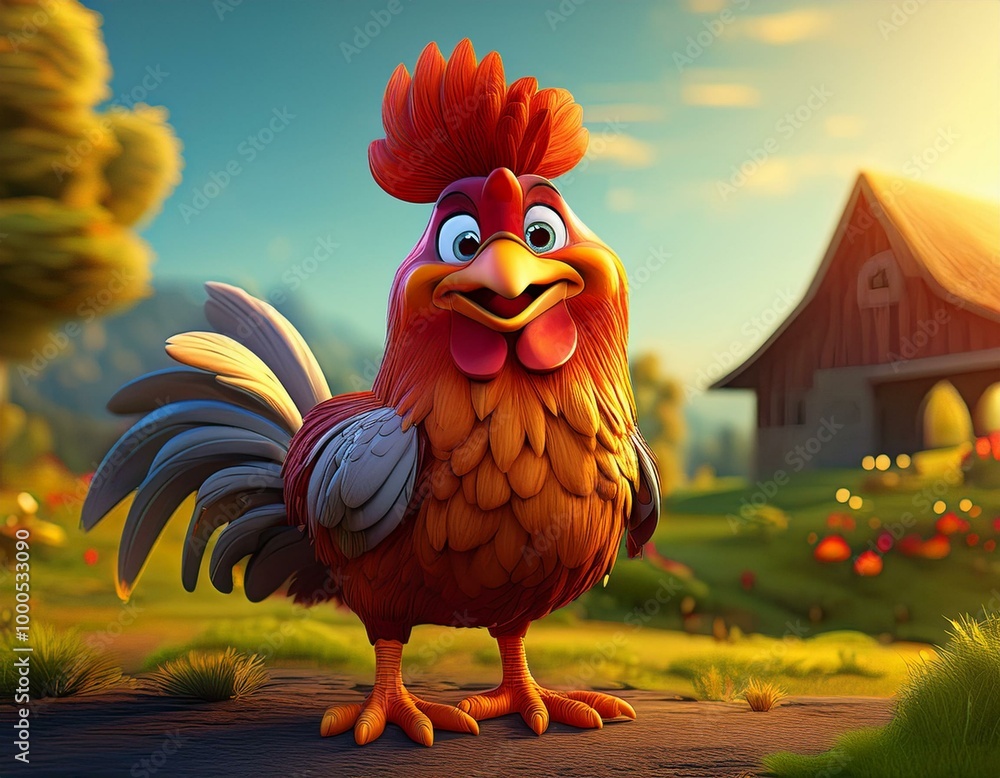 Wall mural Cute Cartoon Rooster Character on a Farm