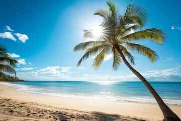 Fototapeta premium Sunny beach with palm trees under clear blue sky, calm waters and sandy shore, capturing the beauty of summer in an exotic tropical location with a lone coconut tree swaying in the breeze.