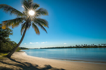 Fototapeta premium Sunny beach with palm trees under clear blue sky, calm waters and sandy shore, capturing the beauty of summer in an exotic tropical location with a lone coconut tree swaying in the breeze.