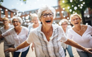 Fototapeta premium Contented senior - elderly individual enjoying social activity, highlighting benefits of active social participation for seniors, promoting mental, emotional health, creating a sense of belonging.