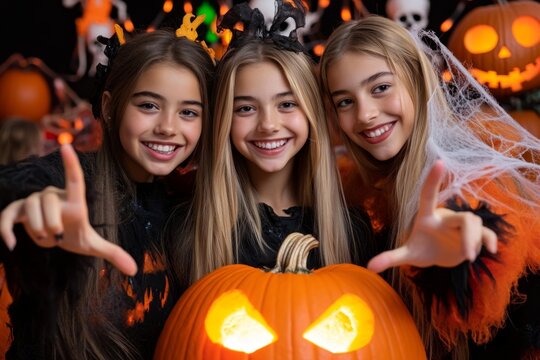 Teenagers posing in Halloween costumes at a decorated Halloween party, with themed decorations like cobwebs, skeletons, and glowing pumpkins