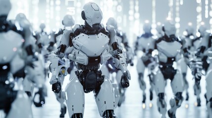 A crowd of advanced white robots standing in a clean, futuristic industrial environment. Each robot is equipped with high-tech armor and designed with humanoid features, suggesting the rise of AI and