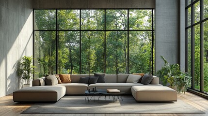 Modern living room with large windows overlooking a green forest