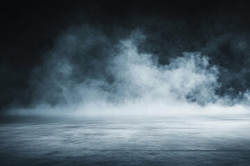 Moody abstract background of an empty dark room with smoke and fog on concrete floor, offering ample copy space for product presentations in a wide banner format.