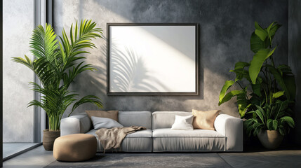 Modern Living Room with Plants, Cozy Sofa, and Empty Frame for Home Interior Design