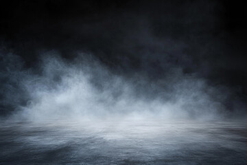 Fototapeta premium Moody abstract background of an empty dark room with smoke and fog on concrete floor, offering ample copy space for product presentations in a wide banner format.