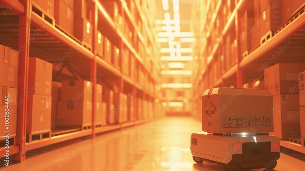 Poster a robotic vehicle moves autonomously in a high-tech warehouse, surrounded by packed boxes. the warm 