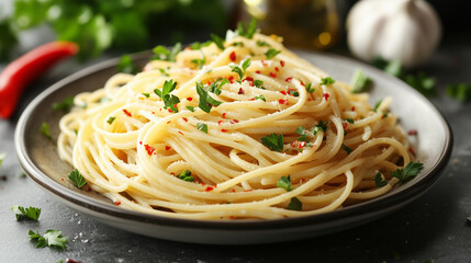 Authentic Spaghetti Aglio e Olio: A Flavorful Dish of Garlic and Olive Oil, Topped with Fresh Parsley and Chili Flakes
