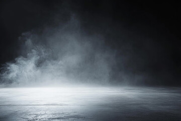 Fototapeta premium Moody abstract background of an empty dark room with smoke and fog on concrete floor, offering ample copy space for product presentations in a wide banner format.