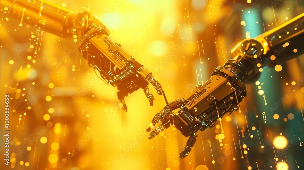 Poster robotic hands reaching towards each other amidst a glowing golden digital atmosphere, symbolizing te