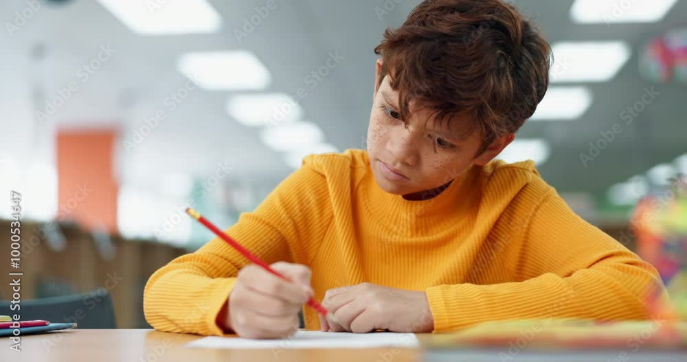 Poster Kid, education and writing at library in school with notebook for assessment or assignment. Boy, studying and problem solving with stationery for project for child growth and brain development