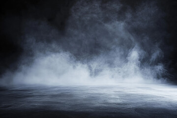 Fototapeta premium Moody abstract background of an empty dark room with smoke and fog on concrete floor, offering ample copy space for product presentations in a wide banner format.