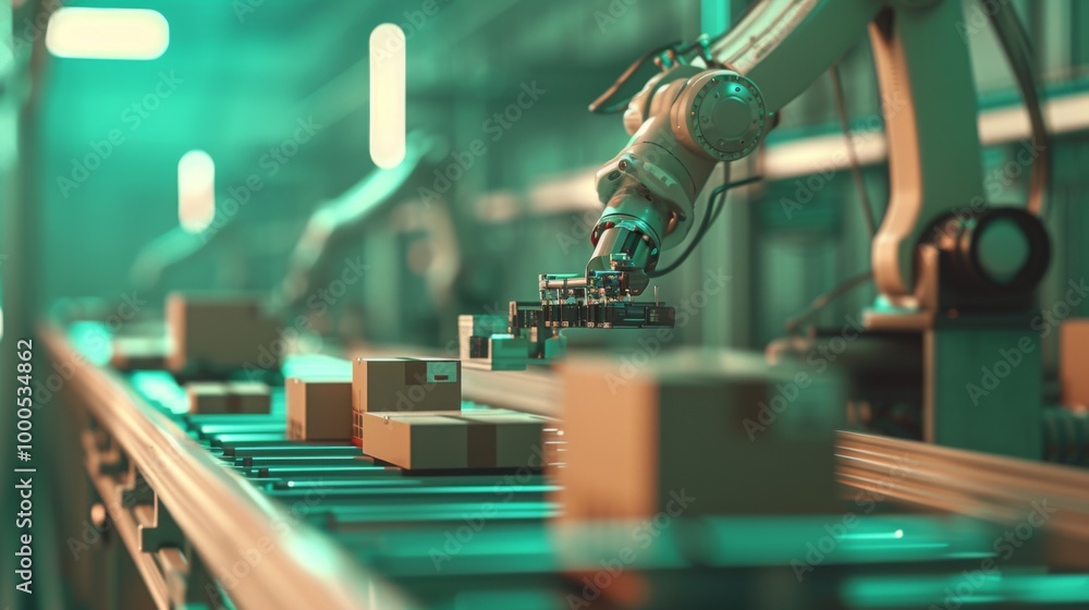 Poster a robotic system efficiently handles packages on a conveyor in a modern factory. the scene captures 