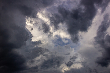 Dramatic stormy sky with dark clouds. Nature background at sunset