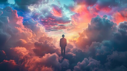 A man is standing in the clouds, looking down at the ground