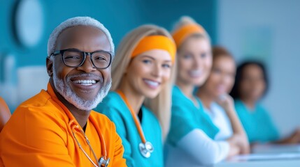 Smiling Doctor With Stethoscope and Team of Medical Professionals