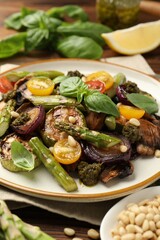Delicious salad with grilled vegetables on table, closeup