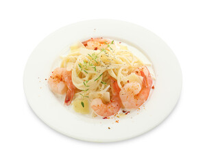 Delicious pasta with shrimps and cheese isolated on white