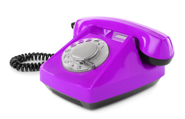Old violet telephone with rotary dial isolated on white