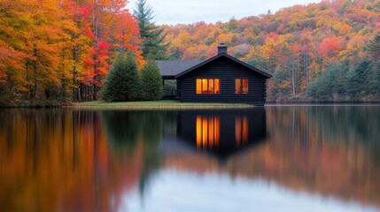 Fototapeta premium Serene Autumn Cabin on Lake with Colorful Reflections