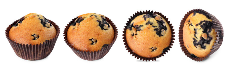 Many yummy blueberry muffins isolated on white, set