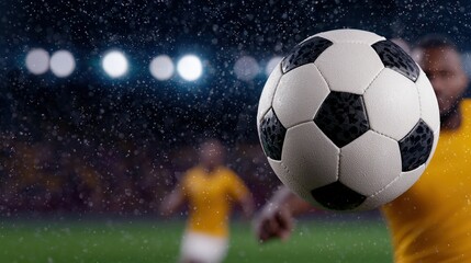 Fototapeta premium Soccer Ball in Mid Air Player in Blurred Background Stadium Lights Raining Night