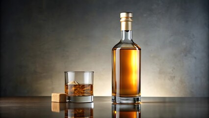 A Bottle of Whiskey and a Glass on a Grey Background Mockup