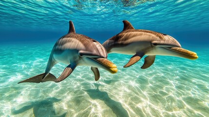 Obraz premium Two Dolphins Swimming in Clear Blue Water Underwater Photography Marine Life