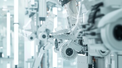 Fototapeta premium A close-up view of a high-tech robotic arm in a modern industrial facility, surrounded by advanced machinery. The sleek, white robotic arm demonstrates precision technology used in automation